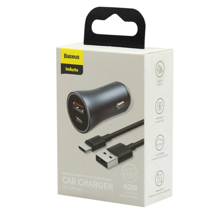شارژر فندکی خودرو باسئوس مدل Golden Contactor Pro (۴۰ وات) همراه با کابل USB-C