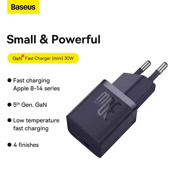 شارژر دیواری سریع باسئوس سری GaN5S با یک پورت USB-C و توان ۳۰ وات